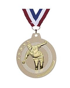 Médaille dorée joueur de pétanque 50 mm et son ruban tricolore